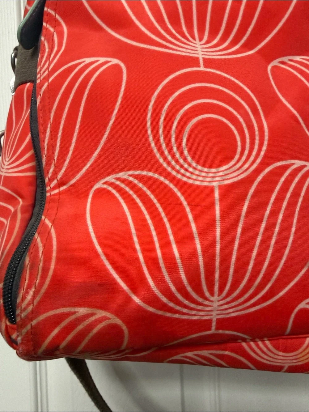 Red Orange Floral Tote Bag with Brown Straps - Orla Kiely Style